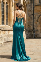 Green Sheer Appliques Satin Mermaid Long Evening Dress - Curvevia