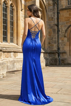 Green Sheer Appliques Satin Mermaid Long Evening Dress - Curvevia