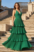 Dark Green A-Line Tiered Floor Length Chiffon Bridesmaid Dress - Curvevia