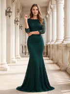 Peacock Lace Mermaid Scoop Neck Back Zip Floor-Length Dress with Illusion Sleeves - Curvevia