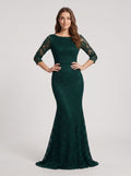 Peacock Lace Mermaid Scoop Neck Back Zip Floor-Length Dress with Illusion Sleeves - Curvevia