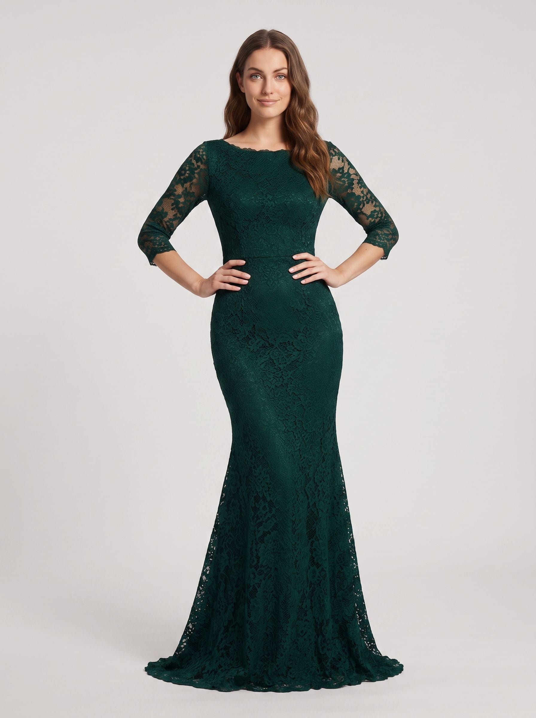 Peacock Lace Mermaid Scoop Neck Back Zip Floor-Length Dress with Illusion Sleeves - Curvevia