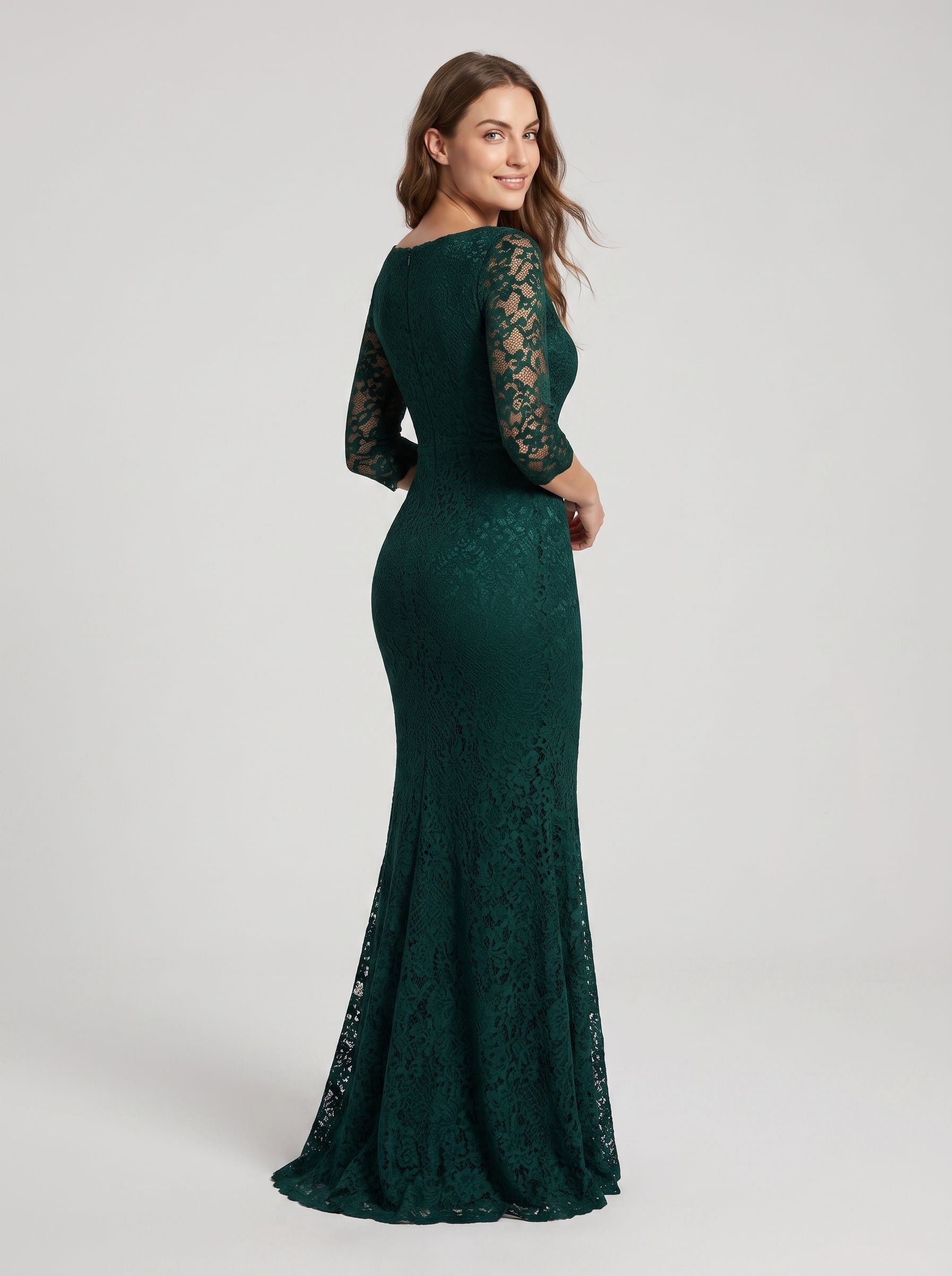 Peacock Lace Mermaid Scoop Neck Back Zip Floor-Length Dress with Illusion Sleeves - Curvevia