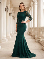 Peacock Lace Mermaid Scoop Neck Back Zip Floor-Length Dress with Illusion Sleeves - Curvevia