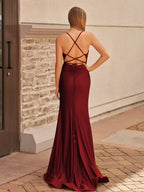 Mermaid Spaghetti Straps Satin Prom Dress with Slit - Curvevia