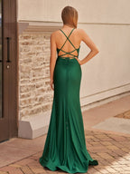 Mermaid Spaghetti Straps Satin Prom Dress with Slit - Curvevia