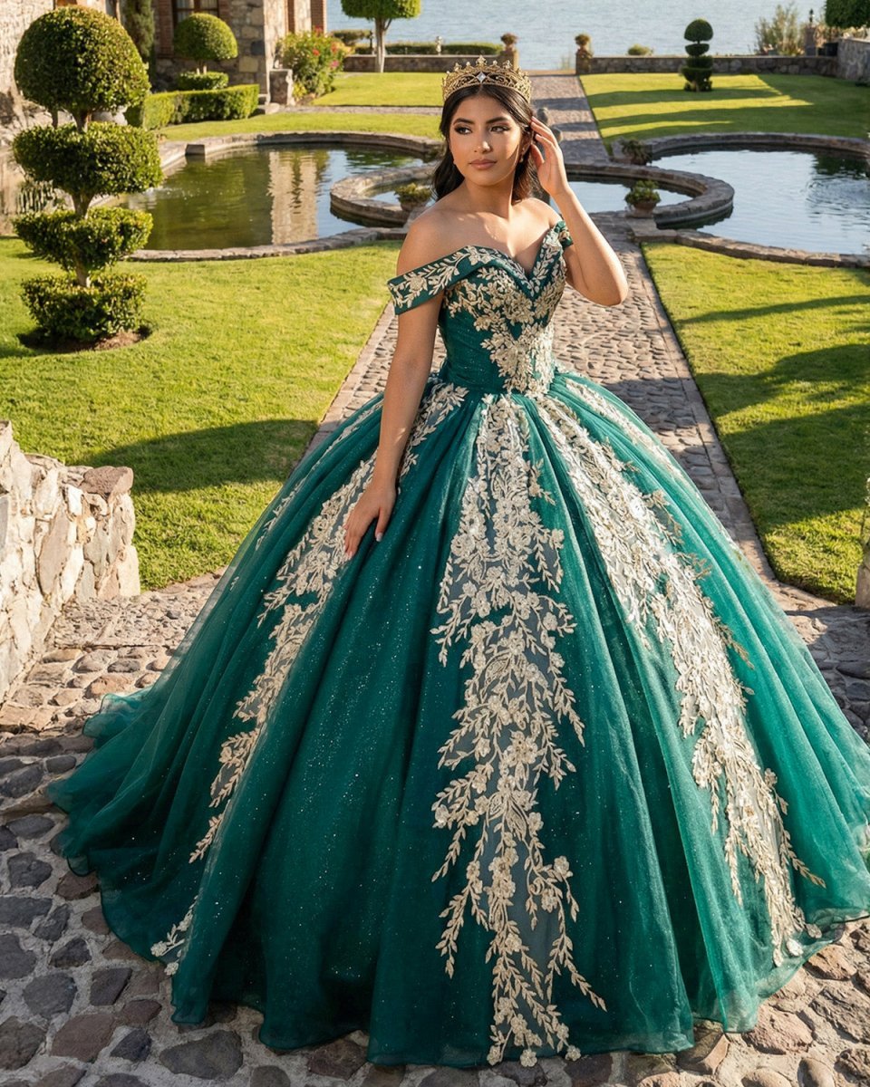 Ball Gown Organza Off-the-Shoulder Dark Green Quinceanera Dress - Curvevia