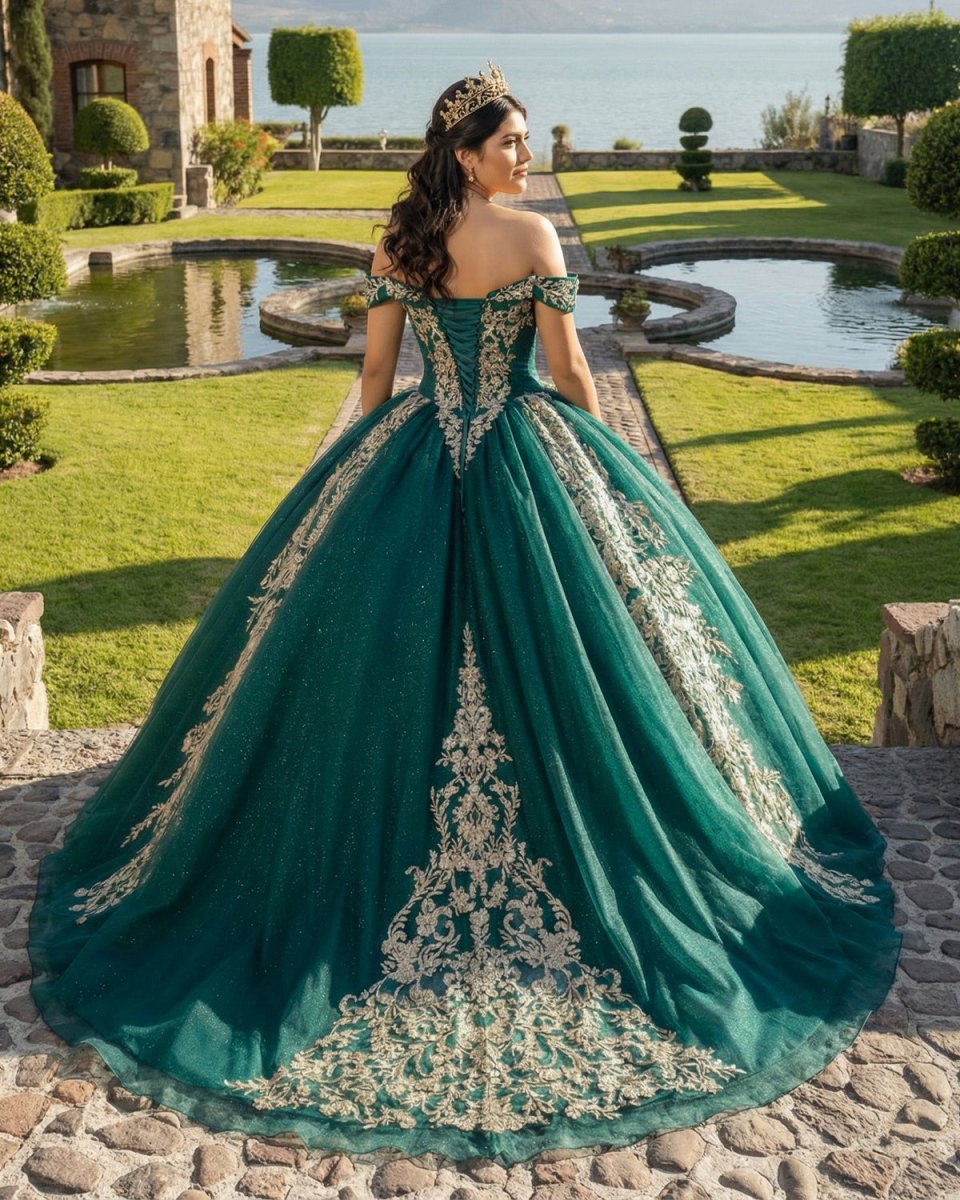 Ball Gown Organza Off-the-Shoulder Dark Green Quinceanera Dress - Curvevia
