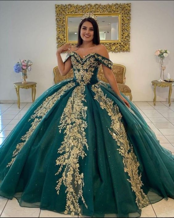 Ball Gown Organza Off-the-Shoulder Dark Green Quinceanera Dress - Curvevia