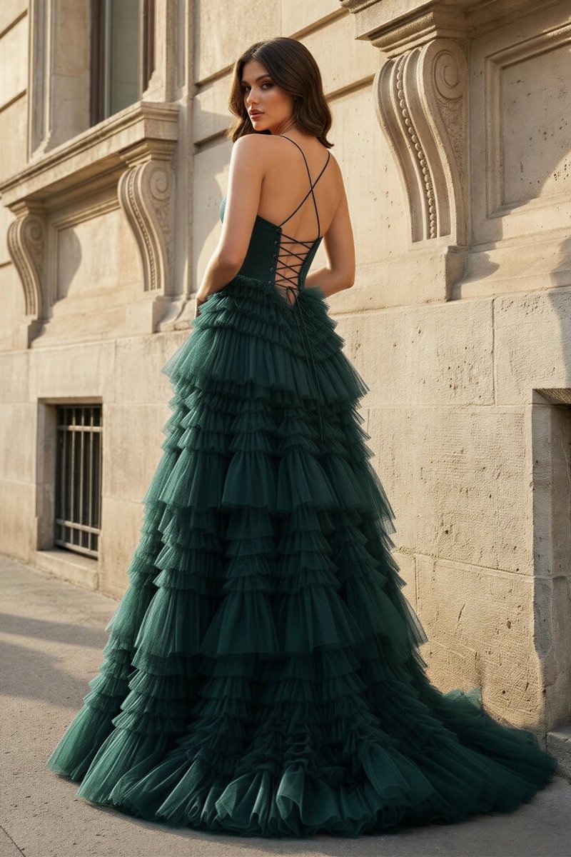 Dark Green Sweetheart Ruffle Tiered Tulle Long Prom Dresses with Slit - Curvevia