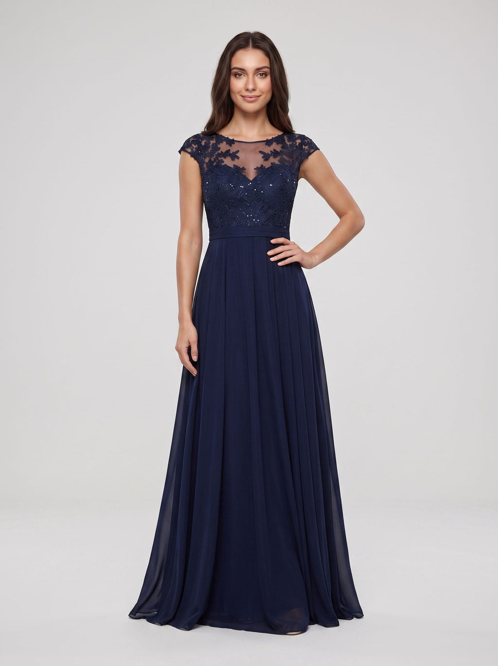 Dark Navy Chiffon A-Line Scoop Neck Back Zip Floor-Length Dress with Ruched Bodice - Curvevia