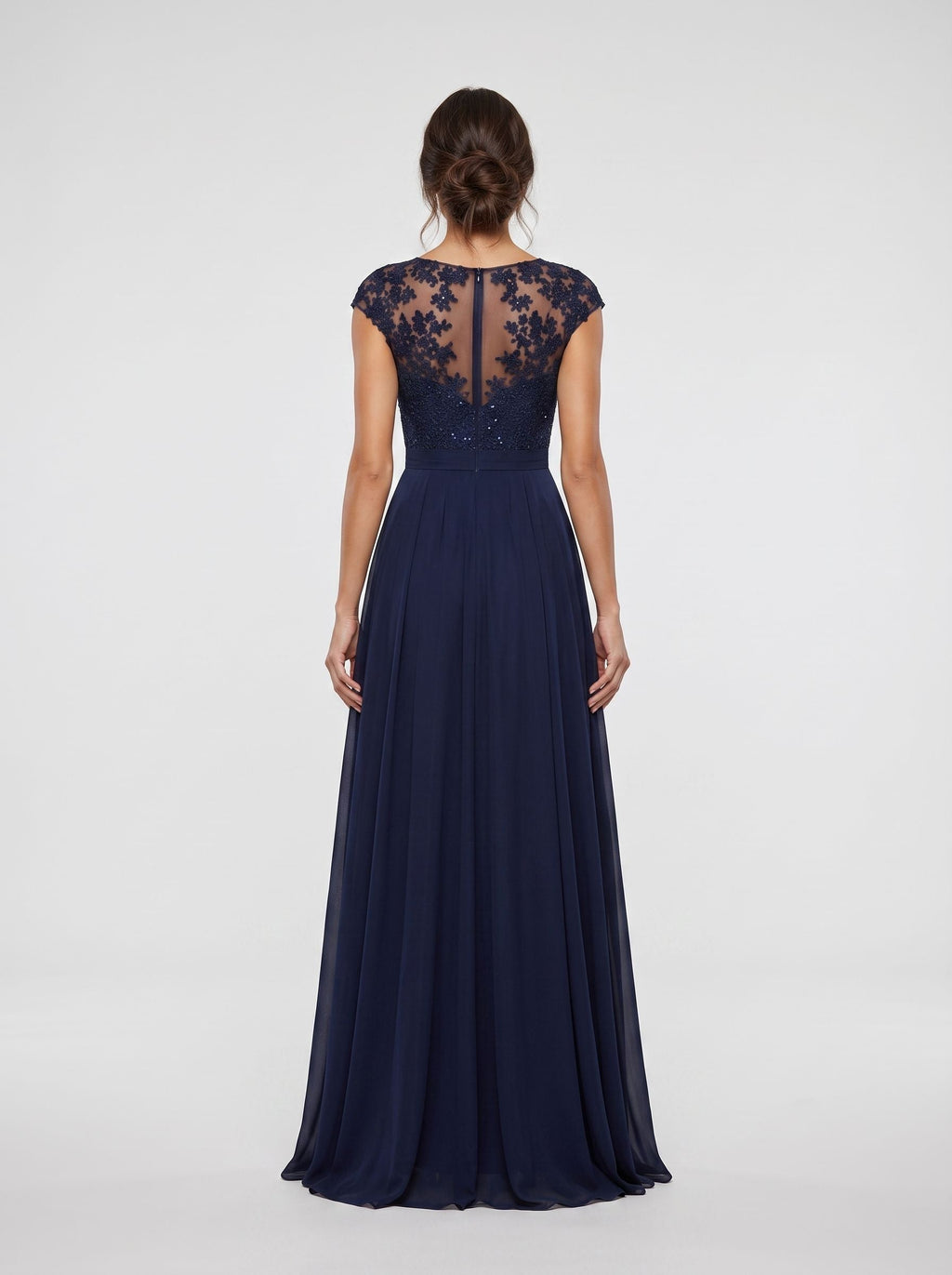 Dark Navy Chiffon A-Line Scoop Neck Back Zip Floor-Length Dress with Ruched Bodice - Curvevia
