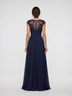 Dark Navy Chiffon A-Line Scoop Neck Back Zip Floor-Length Dress with Ruched Bodice - Curvevia