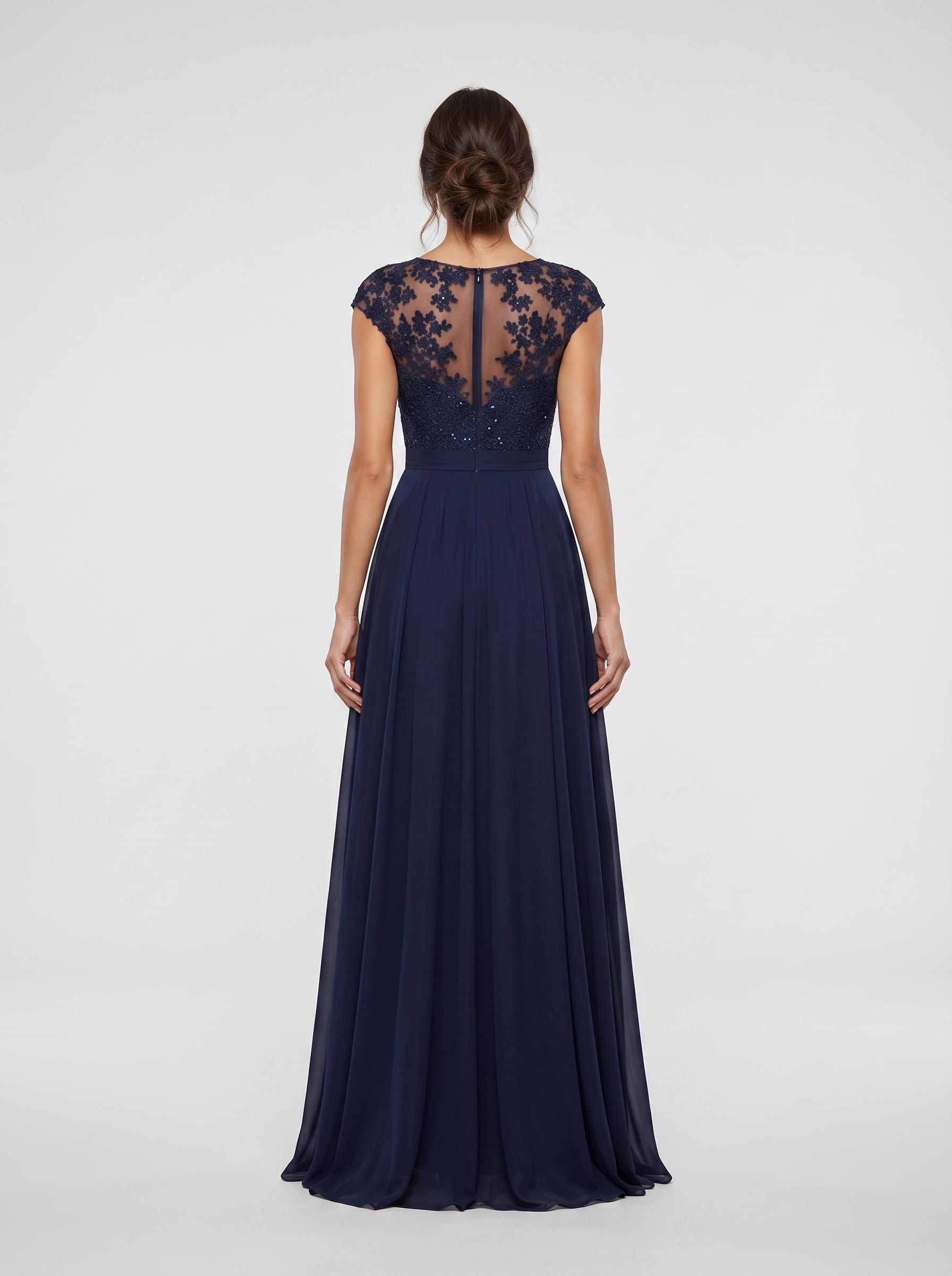Dark Navy Chiffon A-Line Scoop Neck Back Zip Floor-Length Dress with Ruched Bodice - Curvevia