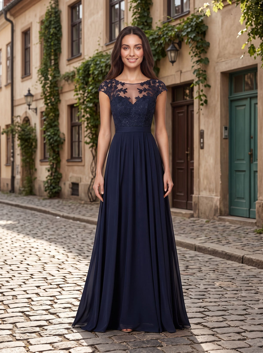 Dark Navy Chiffon A-Line Scoop Neck Back Zip Floor-Length Dress with Ruched Bodice - Curvevia