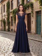 Dark Navy Chiffon A-Line Scoop Neck Back Zip Floor-Length Dress with Ruched Bodice - Curvevia