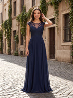 Dark Navy Chiffon A-Line Scoop Neck Back Zip Floor-Length Dress with Ruched Bodice - Curvevia