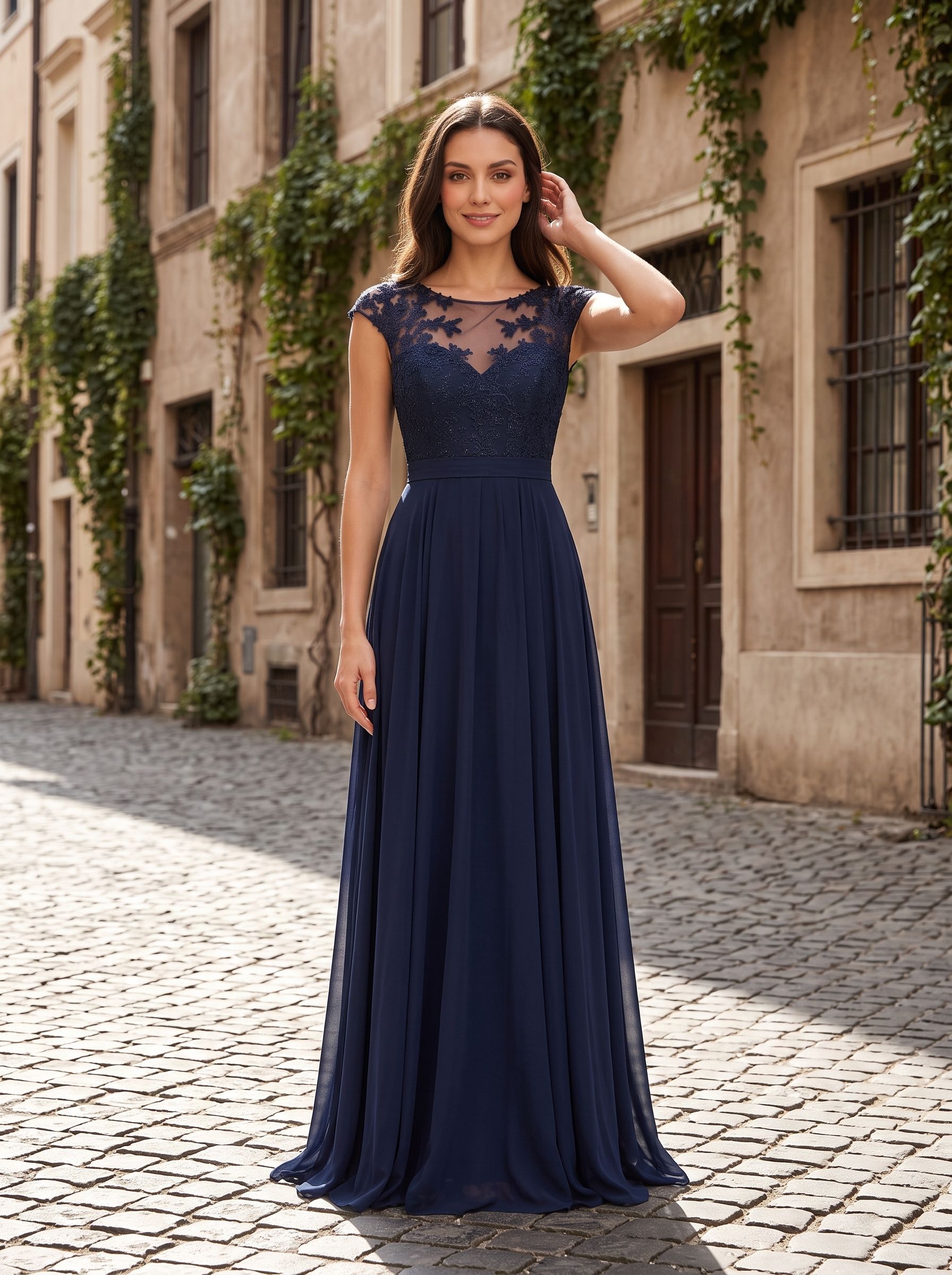 Dark Navy Chiffon A-Line Scoop Neck Back Zip Floor-Length Dress with Ruched Bodice - Curvevia