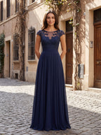 Dark Navy Chiffon A-Line Scoop Neck Back Zip Floor-Length Dress with Ruched Bodice - Curvevia