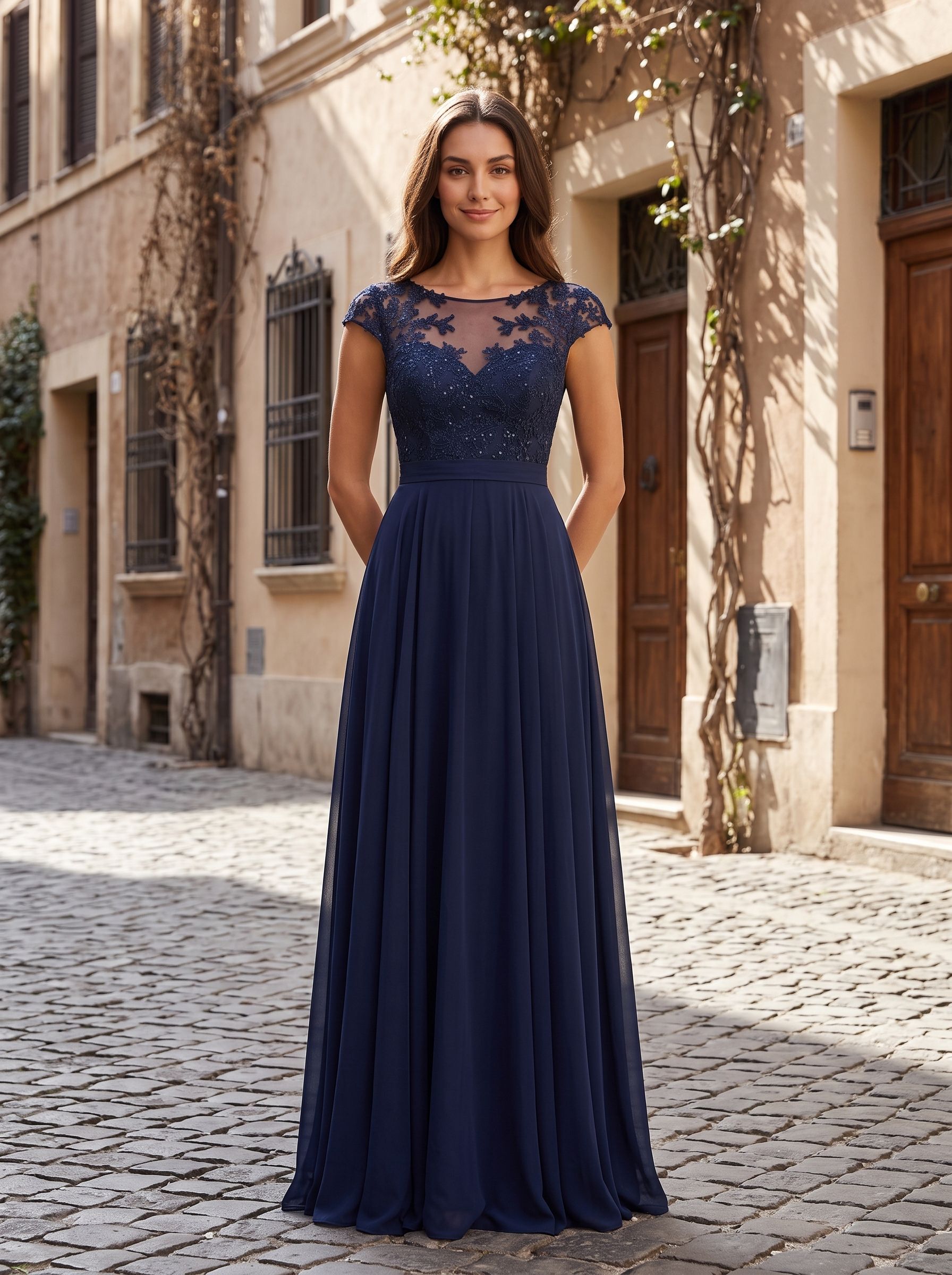 Dark Navy Chiffon A-Line Scoop Neck Back Zip Floor-Length Dress with Ruched Bodice - Curvevia