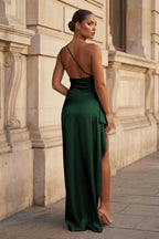 Pink One Shoulder Sheath Satin Long Wedding Guest Dress With Slit - Curvevia
