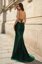 Red Spaghetti Straps Mermaid Satin Beaded Long Evening Dress With Appliques - Curvevia