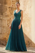 Dark Green A-line V-neck Chiffon Prom Dress - Curvevia