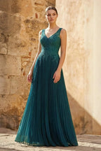 Dark Green A-line V-neck Chiffon Prom Dress - Curvevia