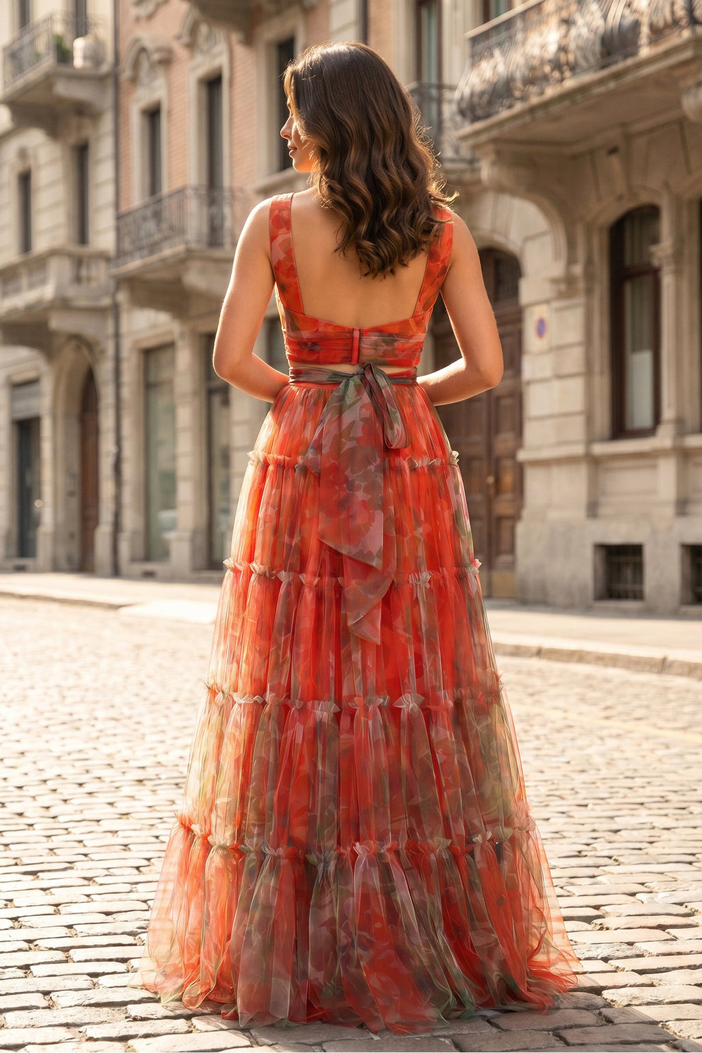 Orange Two Piece V-Neck Floral Printed Long Wedding Guest Dress - Curvevia