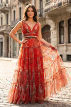 Orange Two Piece V-Neck Floral Printed Long Wedding Guest Dress - Curvevia