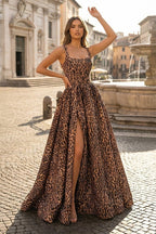 Leopard Square Neck Satin A Line Long Prom Dresses With Slit - Curvevia