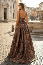 Leopard Square Neck Satin A Line Long Prom Dresses With Slit - Curvevia