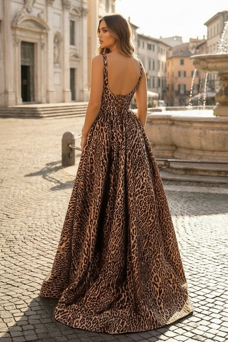 Leopard Square Neck Satin A Line Long Prom Dresses With Slit - Curvevia