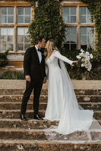 Simple A-Line Off the Shoulder Long Sleeves White Satin Wedding Dresses - Curvevia