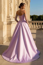 A-Line Lilac Sweetheart Satin Long Corset Evening Dress with Slit (Gloves are not Included) - Curvevia