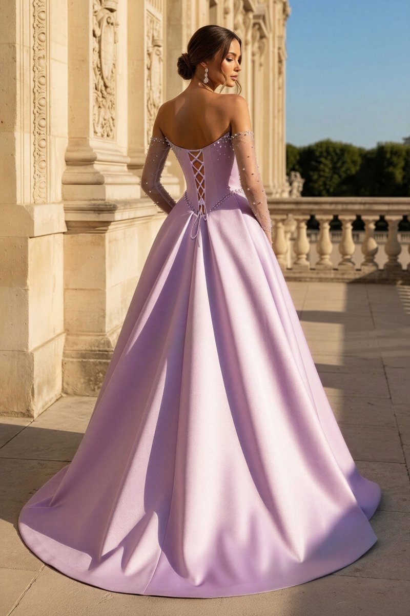 A-Line Lilac Sweetheart Satin Long Corset Evening Dress with Slit (Gloves are not Included) - Curvevia