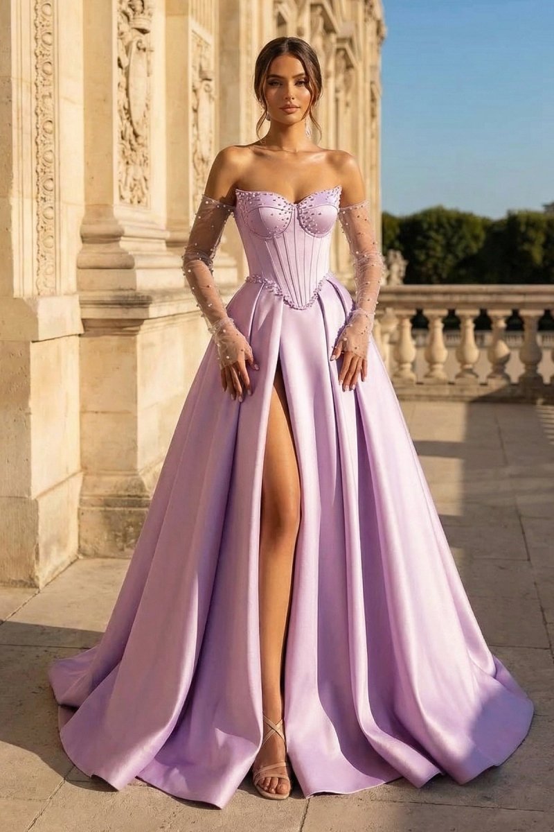 A-Line Lilac Sweetheart Satin Long Corset Evening Dress with Slit (Gloves are not Included) - Curvevia
