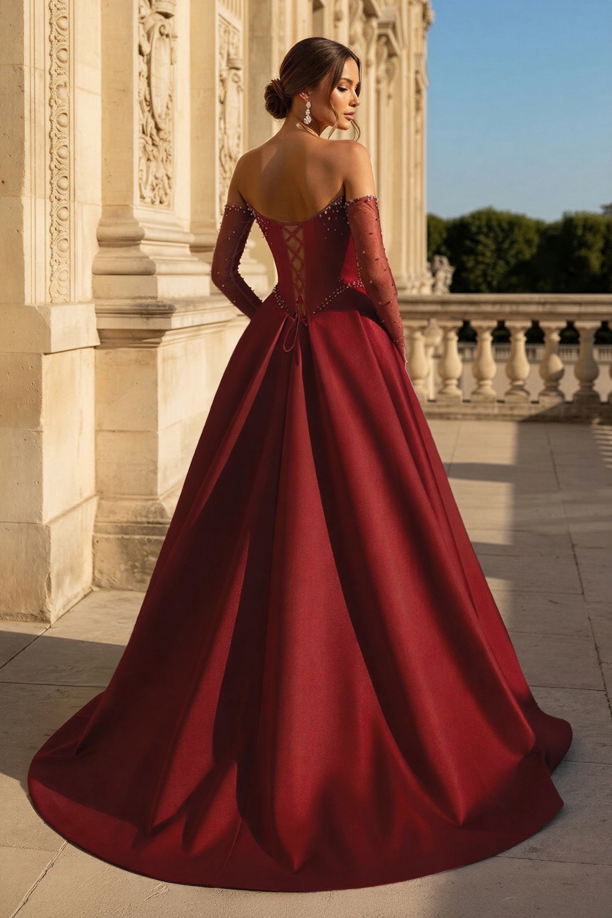 A-Line Lilac Sweetheart Satin Long Corset Evening Dress with Slit (Gloves are not Included) - Curvevia