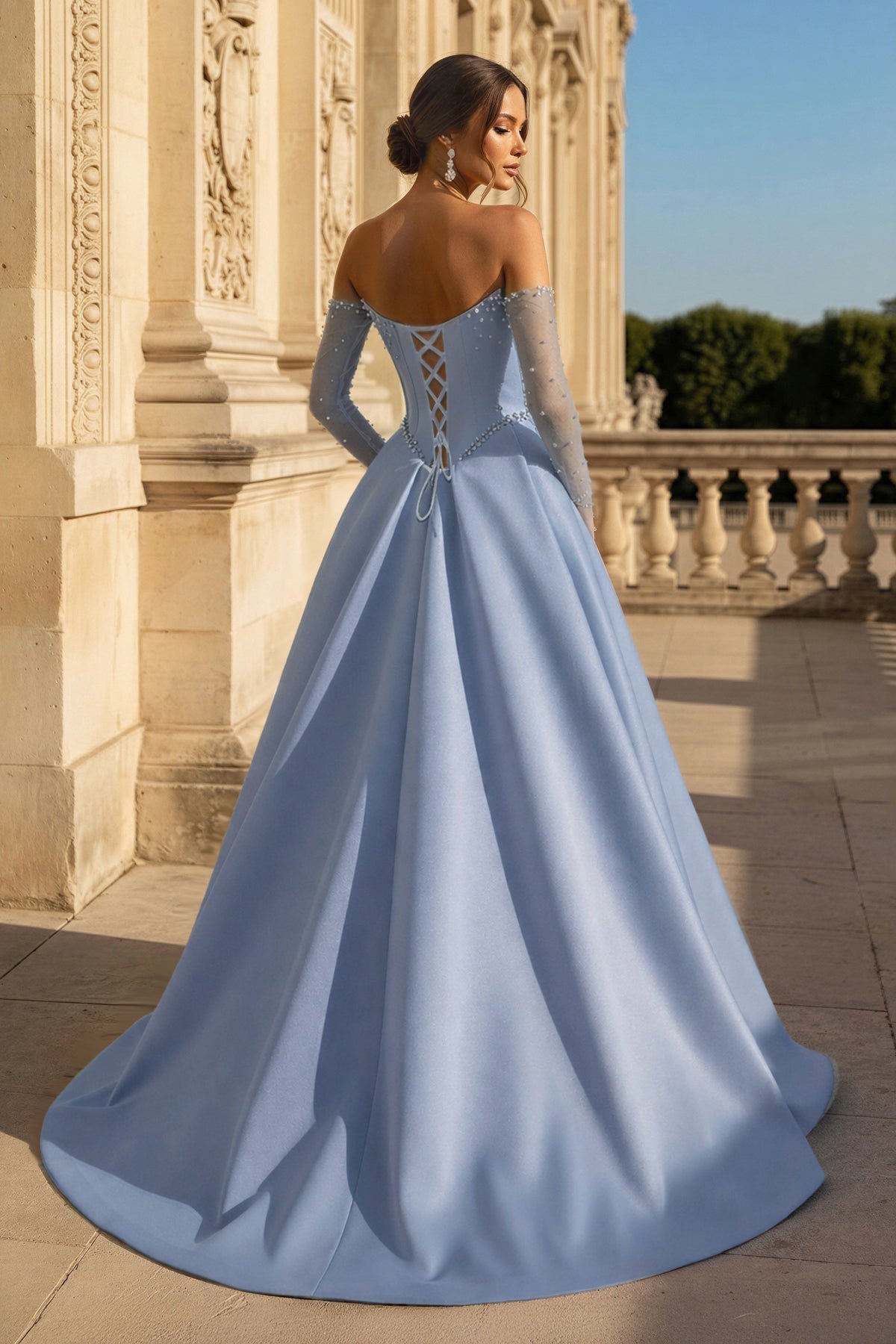 A-Line Lilac Sweetheart Satin Long Corset Evening Dress with Slit (Gloves are not Included) - Curvevia