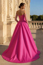 A-Line Lilac Sweetheart Satin Long Corset Evening Dress with Slit (Gloves are not Included) - Curvevia