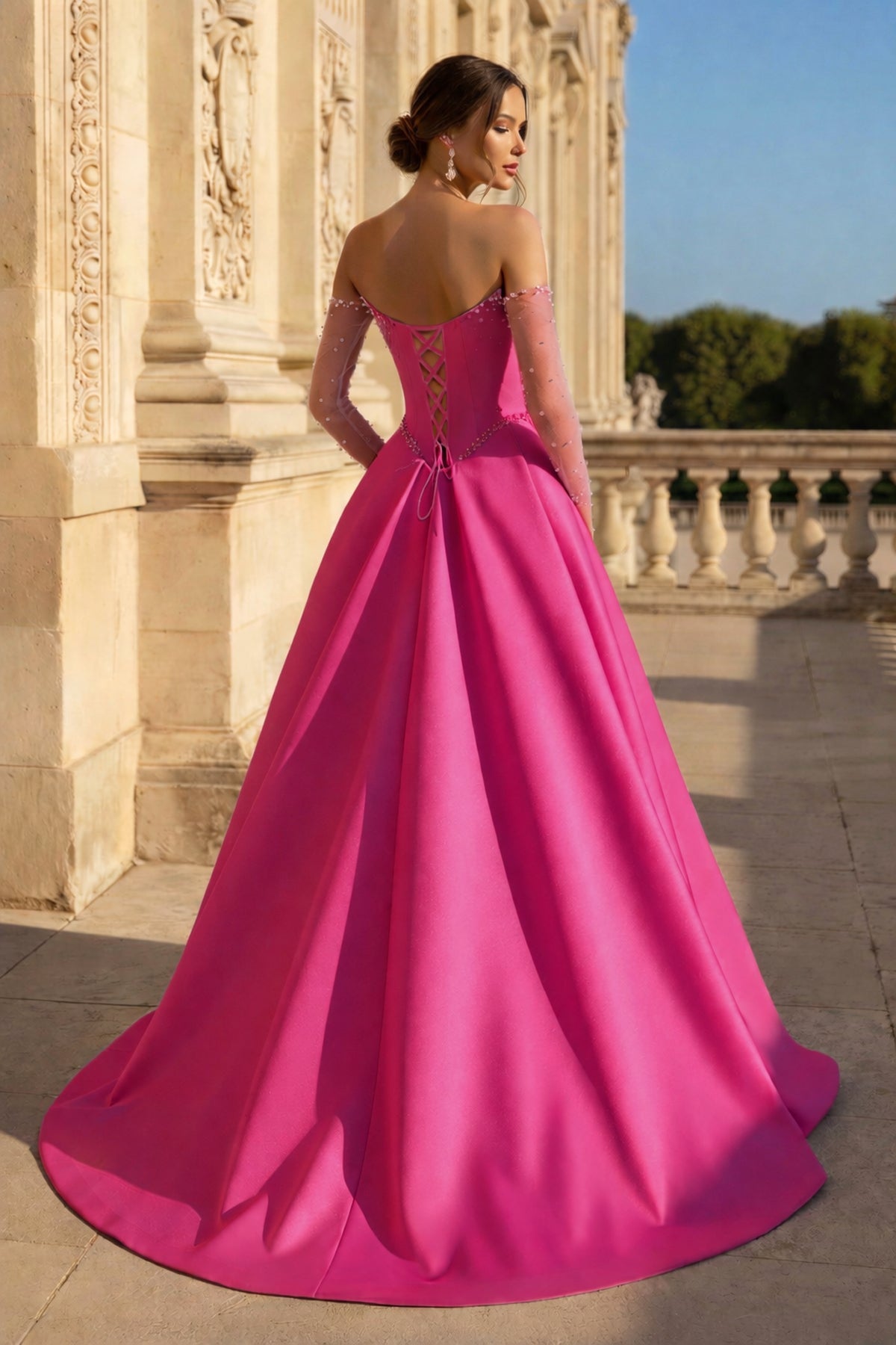 A-Line Lilac Sweetheart Satin Long Corset Evening Dress with Slit (Gloves are not Included) - Curvevia