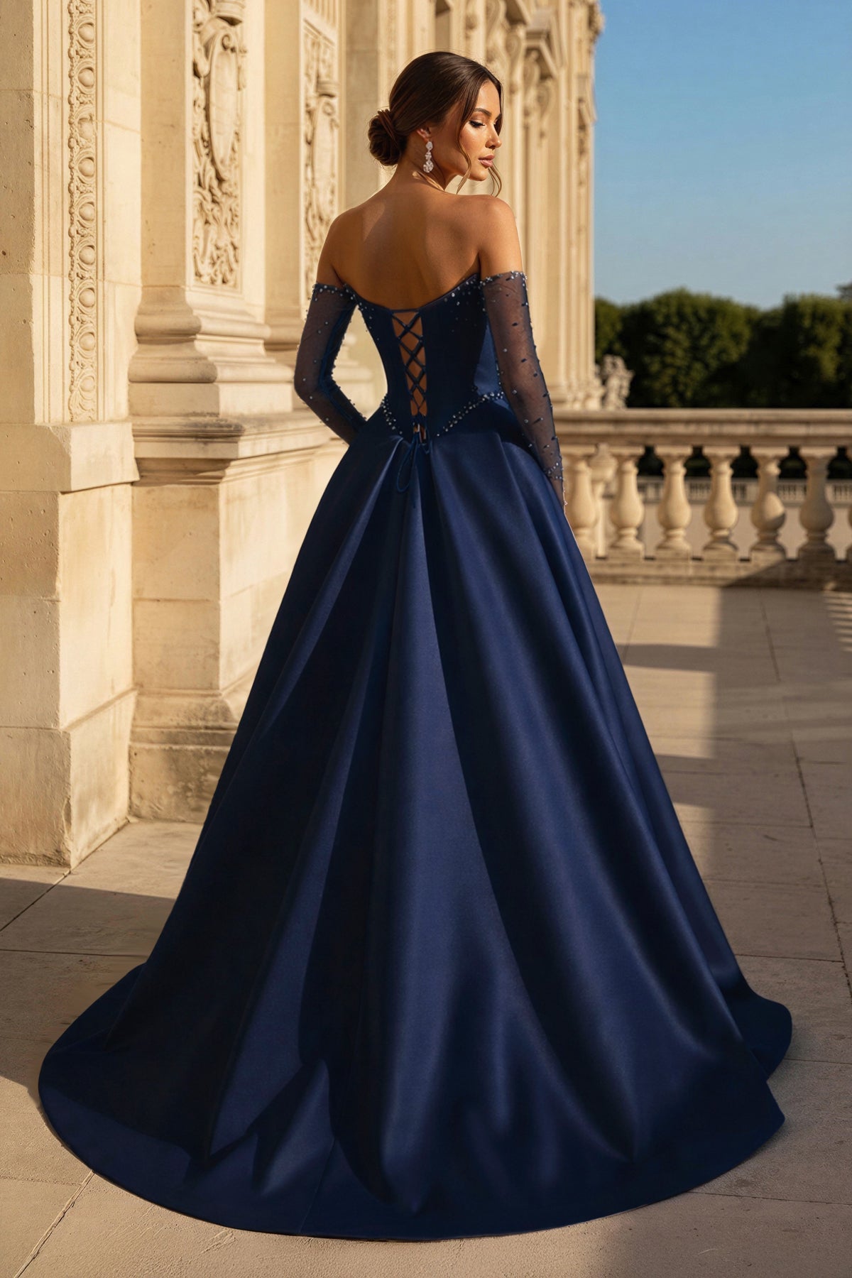 A-Line Lilac Sweetheart Satin Long Corset Evening Dress with Slit (Gloves are not Included) - Curvevia