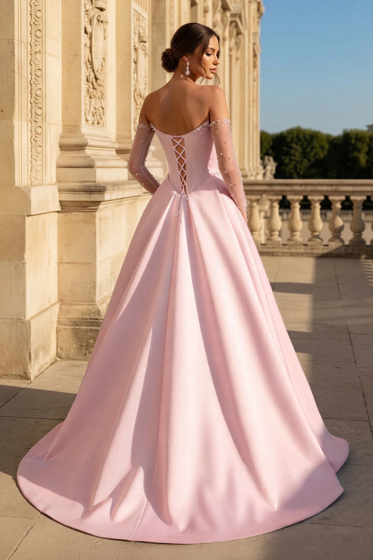 A-Line Lilac Sweetheart Satin Long Corset Evening Dress with Slit (Gloves are not Included) - Curvevia