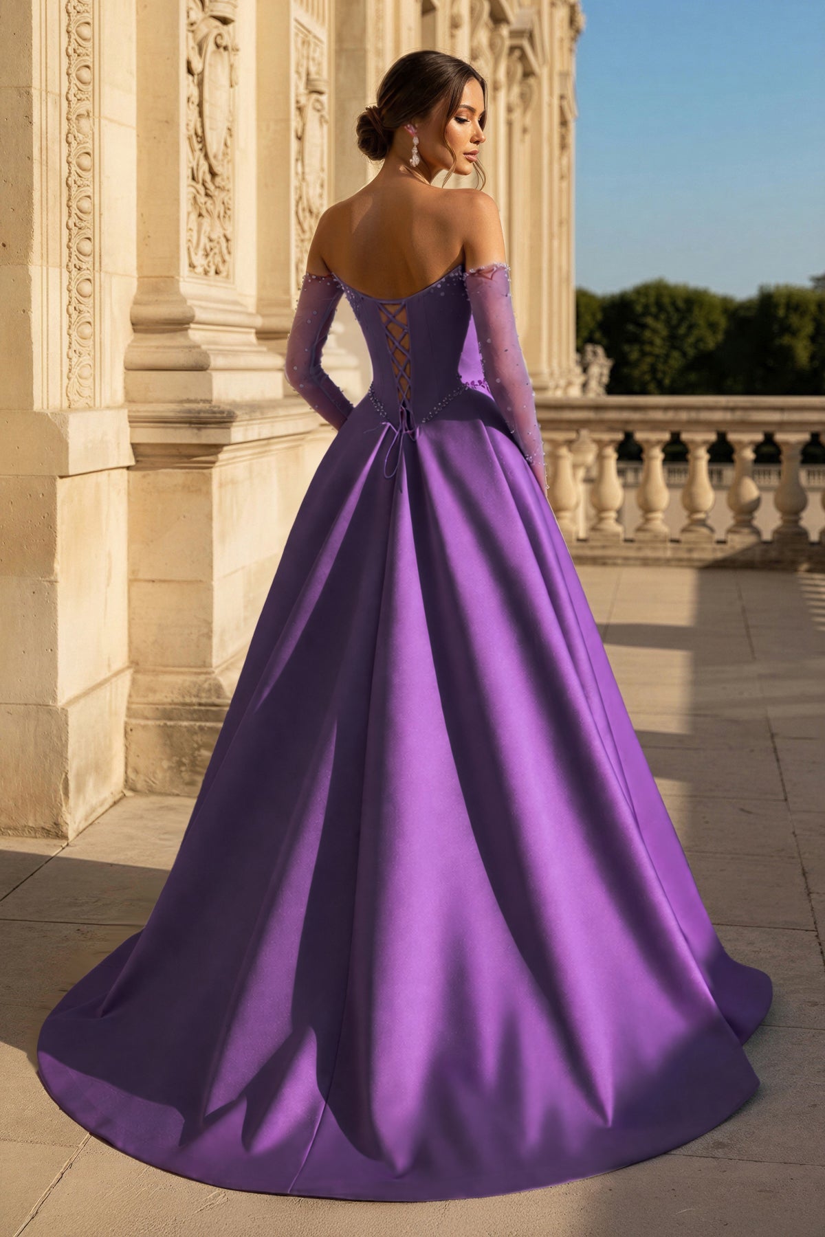 A-Line Lilac Sweetheart Satin Long Corset Evening Dress with Slit (Gloves are not Included) - Curvevia