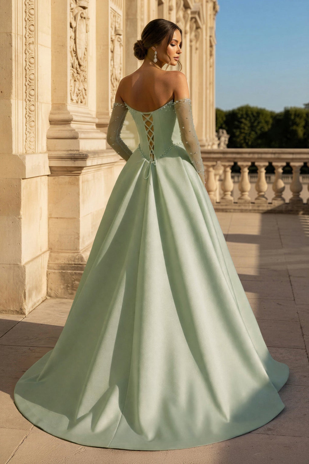 A-Line Lilac Sweetheart Satin Long Corset Evening Dress with Slit (Gloves are not Included) - Curvevia
