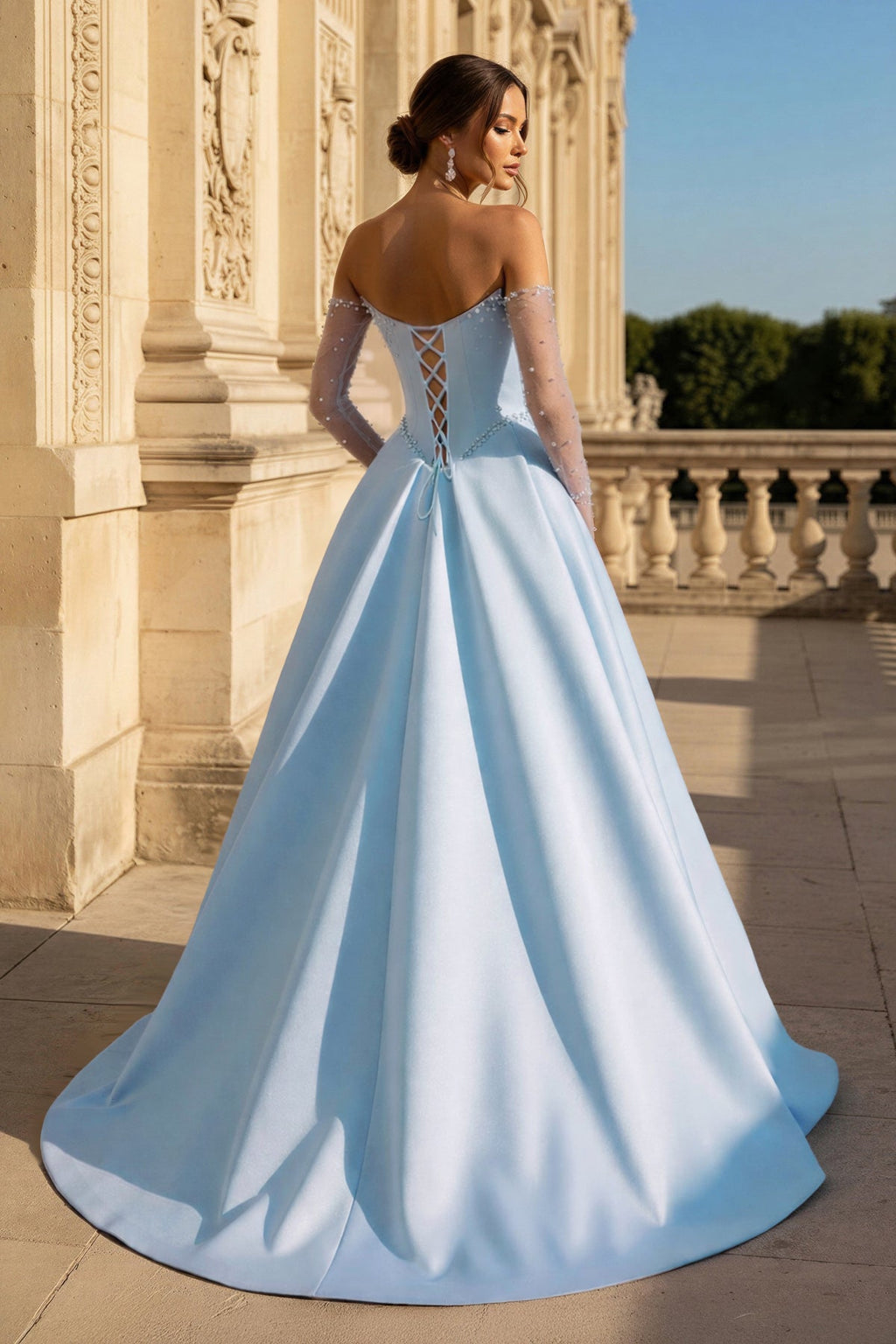 A-Line Lilac Sweetheart Satin Long Corset Evening Dress with Slit (Gloves are not Included) - Curvevia
