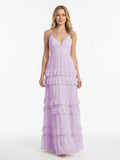 A Line Pink Chiffon Tiered Ruffles Long Wedding Guest Dress - Curvevia