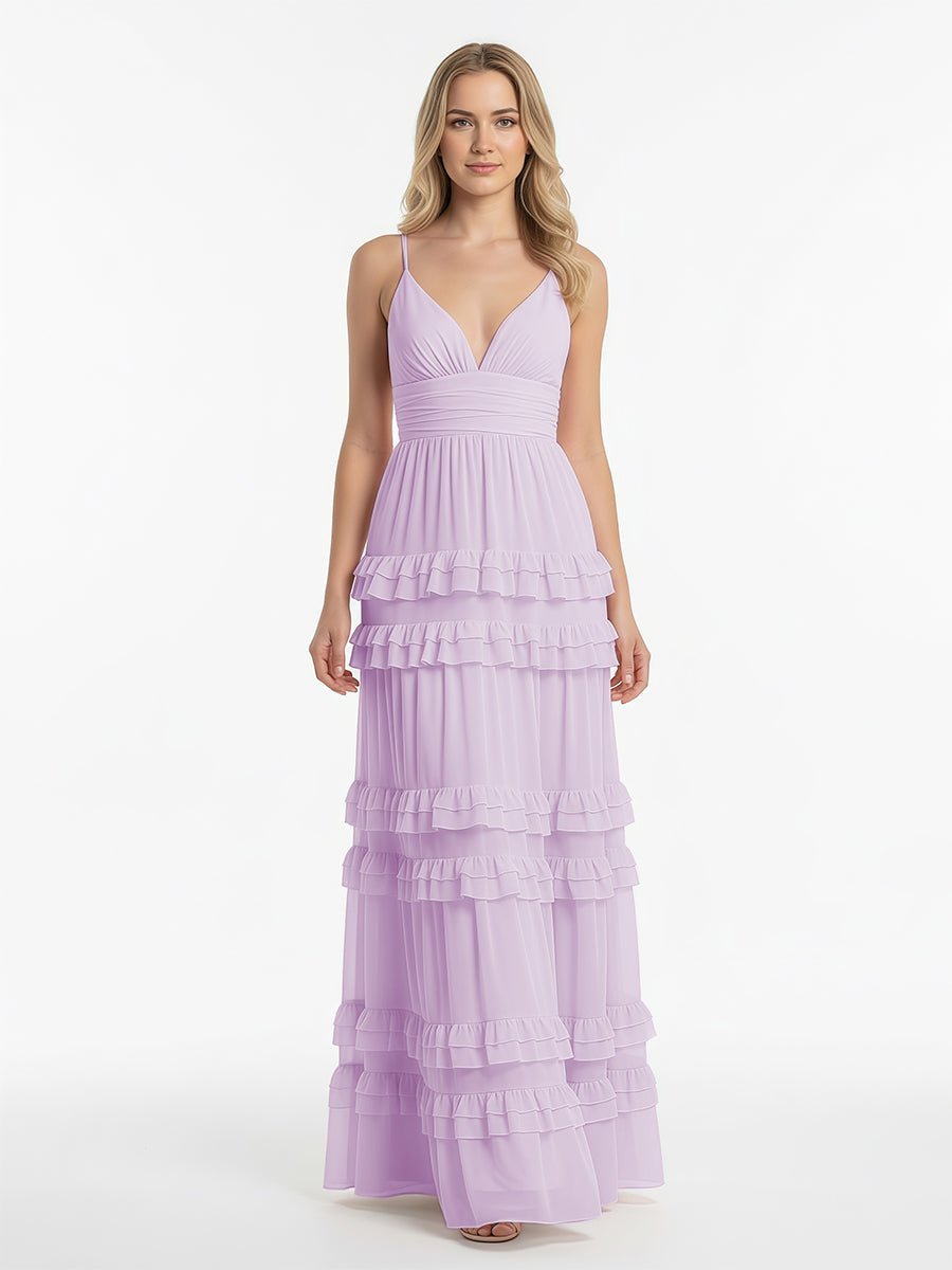 A Line Pink Chiffon Tiered Ruffles Long Wedding Guest Dress - Curvevia
