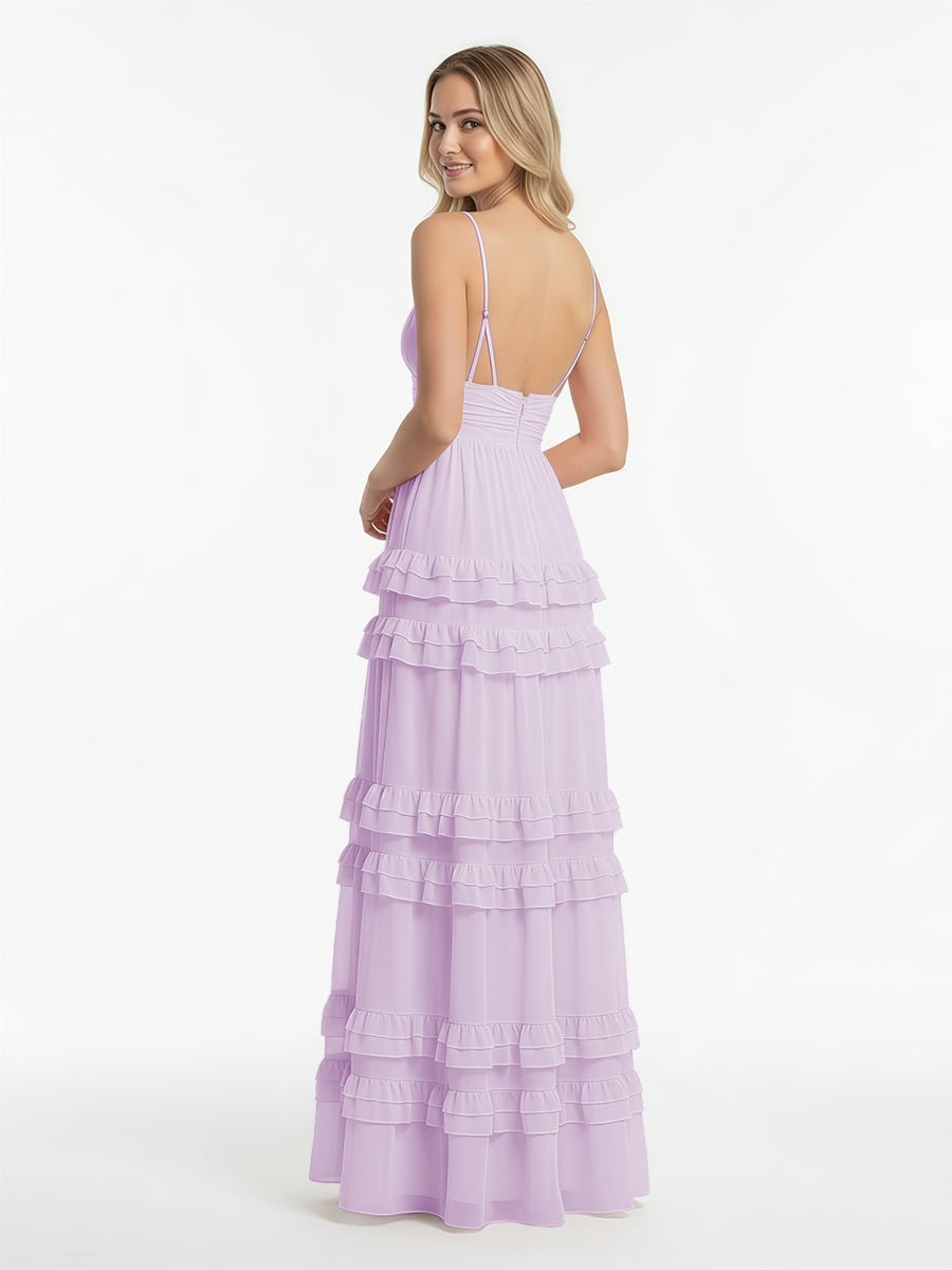 A Line Pink Chiffon Tiered Ruffles Long Wedding Guest Dress - Curvevia