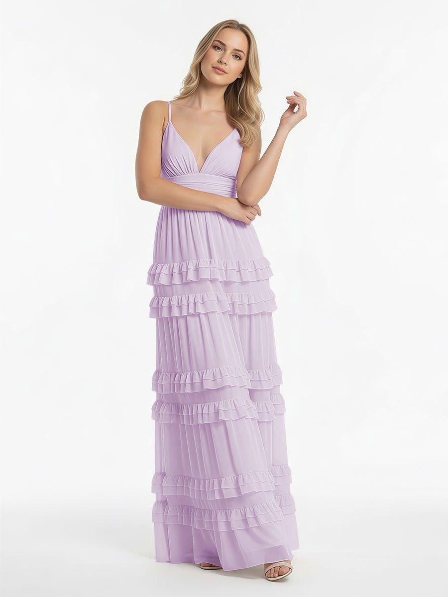 A Line Pink Chiffon Tiered Ruffles Long Wedding Guest Dress - Curvevia